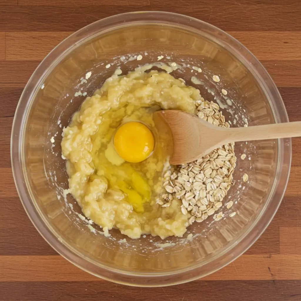 Mixing banana, oats, and egg for 3 ingredient banana weight loss recipe