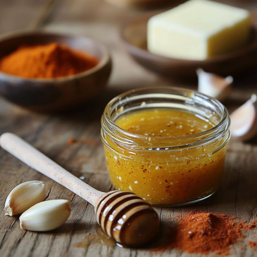 Cajun honey butter sauce recipe in a jar with ingredients