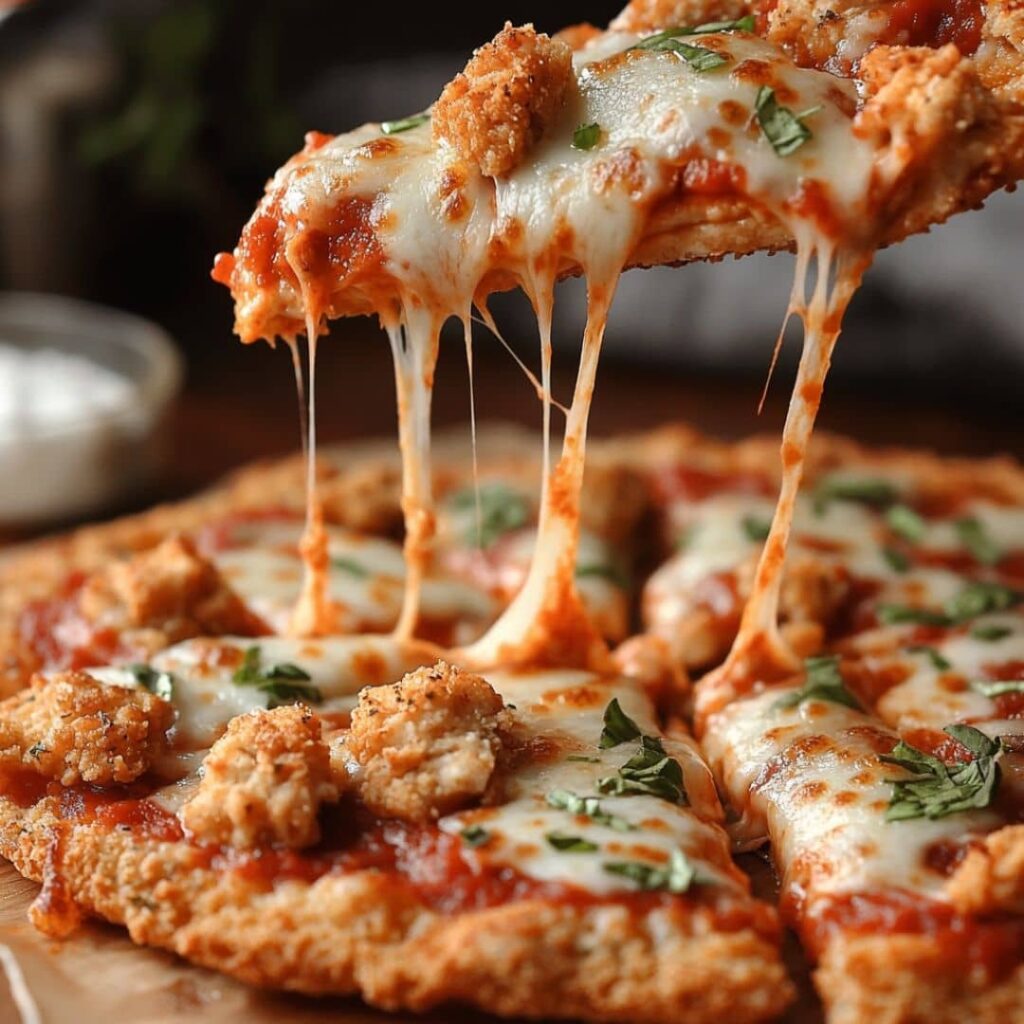 slice of chicken crust pizza showing crispy chicken base and stretchy cheese