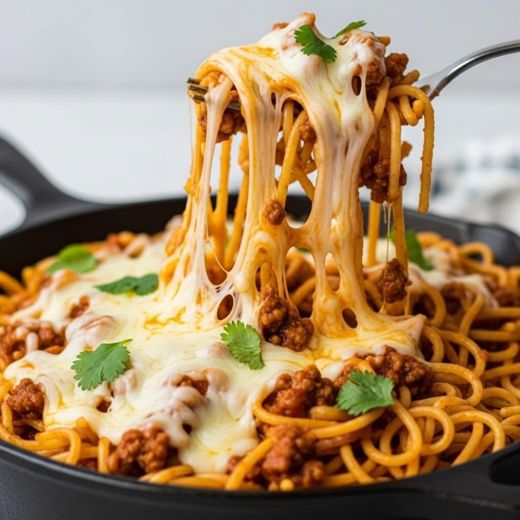 Taco spaghetti recipe with melted cheese in skillet
