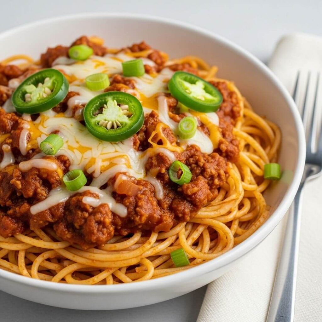 Served taco spaghetti with toppings in a bowl