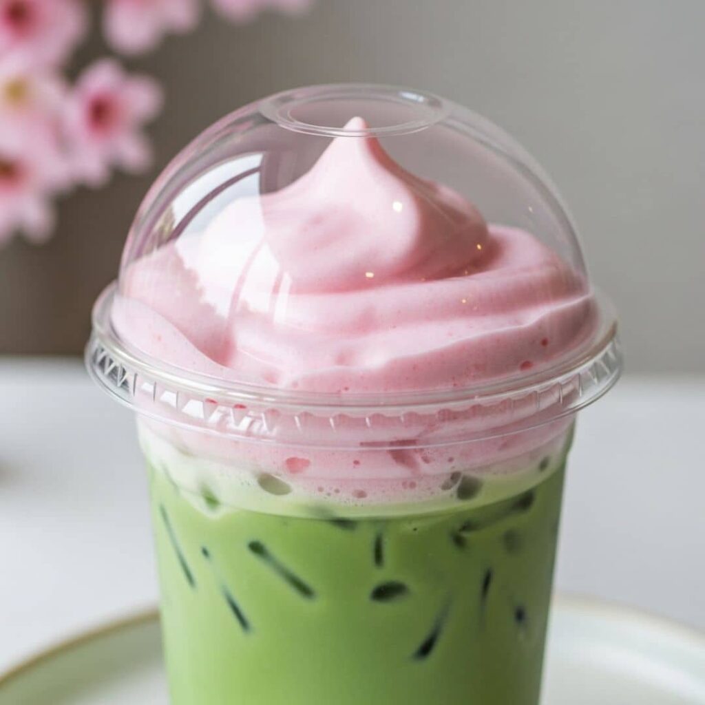 cherry blossom cold foam on iced matcha in to-go cup
