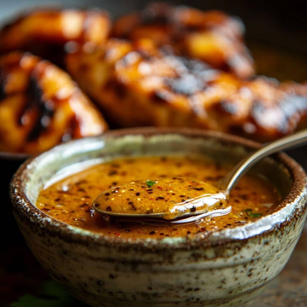 Cajun honey butter sauce in focus with glazed chicken blurred in background